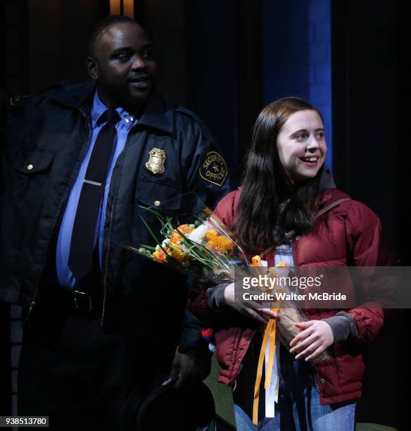 Brian Tyree Henry and Bel Powley during the the Broadway Opening Night Performance curtain call for 'Lobby Hero' at The Hayes Theatre on March 26,...
