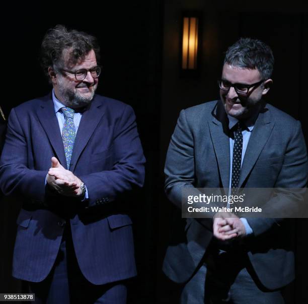 Kenneth Lonergan and Trip Cullman during the the Broadway Opening Night Performance curtain call for 'Lobby Hero' at The Hayes Theatre on March 26,...