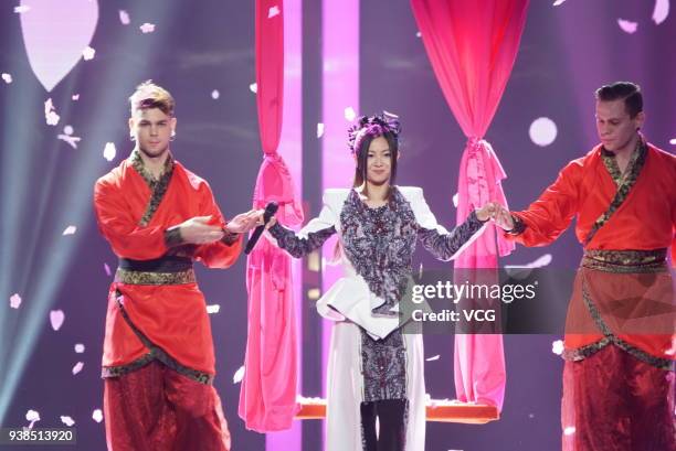 Singer Mai Kuraki performs on the stage during Chinese Top Ten Music Awards at Mercedes-Benz Arena on March 26, 2018 in Shanghai, China.