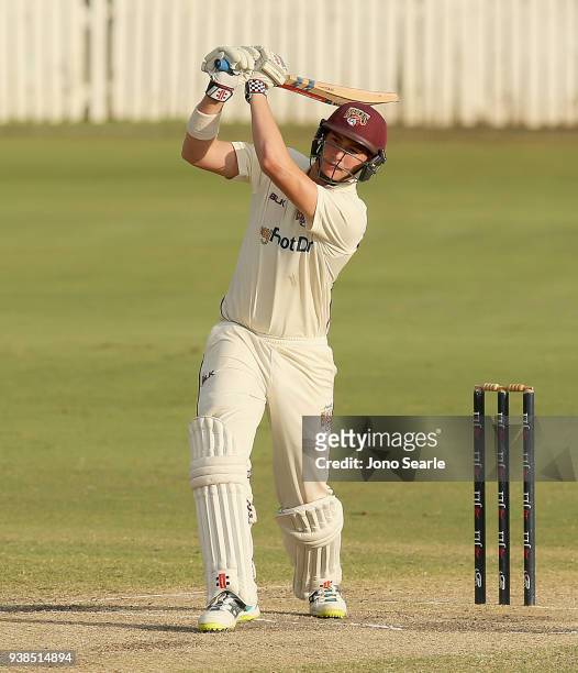 Matthew Renshaw of Queensland plays a shot during day five of the Sheffield Shield final match between Queensland and Tasmania at Allan Border Field...