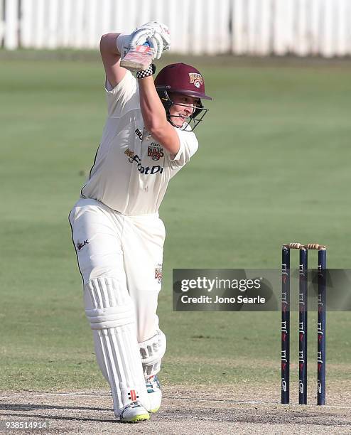 Matthew Renshaw of Queensland plays a shot during day five of the Sheffield Shield final match between Queensland and Tasmania at Allan Border Field...