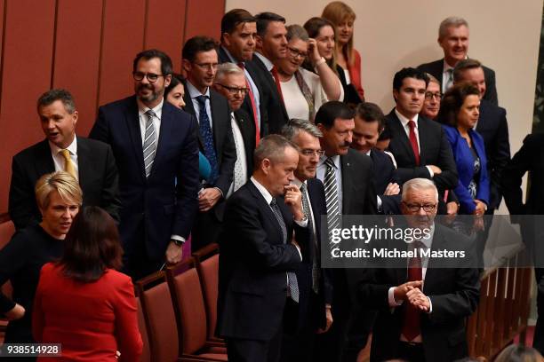 Bill Shorten and other Labor Members of Parliament wait to congratulate Labor Senator for NSW Kristina Keneally, after the delivery of her first...