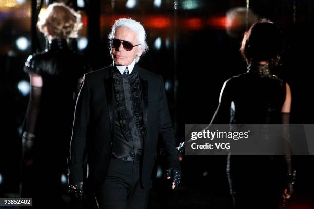 Karl Lagerfeld of Chanel attends the Chanel fashion show at the Peninsula Shanghai Hotel on December 3, 2009 in Shanghai, China.