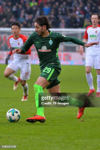 Ishak Belfodil of Bremen controls the ball during the Bundesliga match between FC Augsburg and SV Werder Bremen at WWK-Arena on March 17, 2018 in...