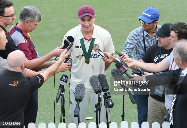 Matthew Renshaw of Queensland talks to media after his team won during day five of the Sheffield Shield final match between Queensland and Tasmania...