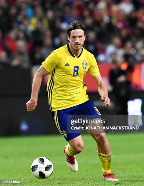 Sweden's midfielder Gustav Svensson controls the ball during the international friendly football match between Sweden and Chile at Friends Arena in...