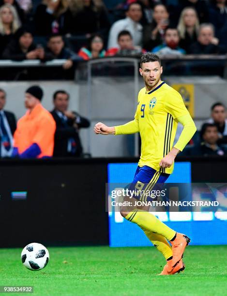 Sweden's forward Marcus Berg controls the ball during the international friendly football match between Sweden and Chile at Friends Arena in Solna on...