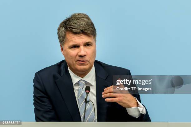 Harald Krueger gestures during the annual results press conference of BMW AG on March 21, 2018 in Munich, Germany.