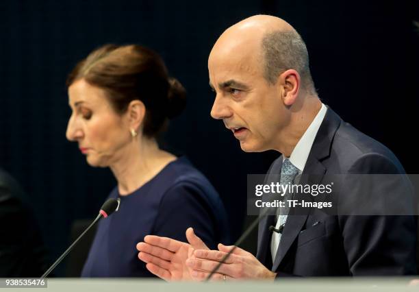 Dr. Member of the Board Nicolas Peter gestures during the annual results press conference of BMW AG on March 21, 2018 in Munich, Germany.