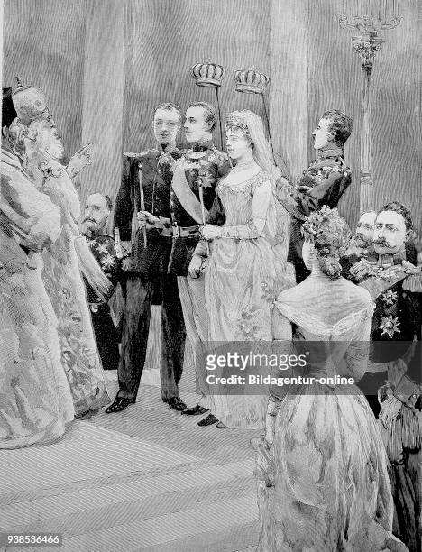 Marriage of Princess Sophia of Prussia, Sophia Dorothea Ulrike Alice, 1870 - 1932, and Constantine I, 1868 - 1923, illustration, woodcut from 1880.