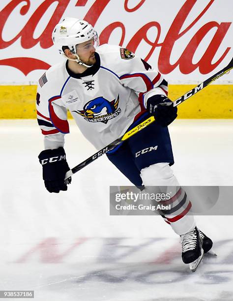 Tim Erixon of the Springfield Thunderbirds turns up ice against the Toronto Marlies during AHL game action on March 25, 2018 at Ricoh Coliseum in...