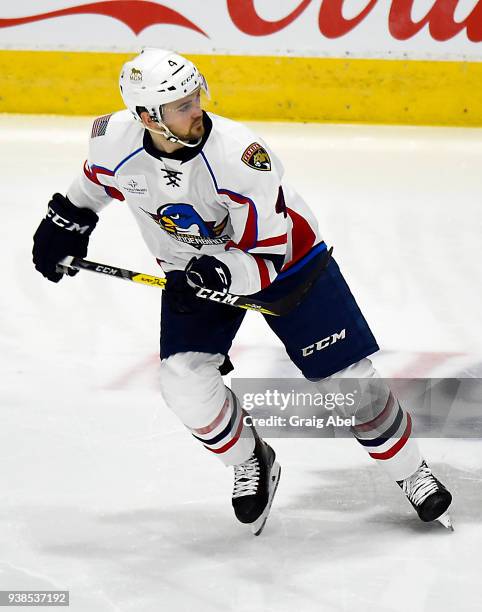 Tim Erixon of the Springfield Thunderbirds skates up ice against the Toronto Marlies during AHL game action on March 25, 2018 at Ricoh Coliseum in...