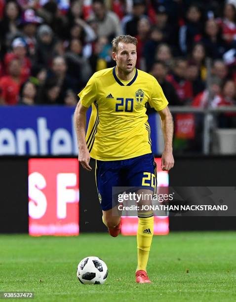 Sweden's forward Ola Toivonen controls the ball during the international friendly football match between Sweden and Chile at Friends Arena in Solna...