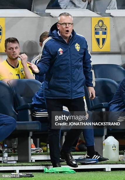 Sweden's head coach Janne Andersson gestures during the international friendly football match between Sweden and Chile at Friends Arena in Solna on...