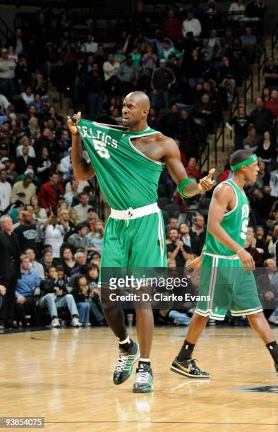 Kevin Garnett of the Boston Celtics reacts during the game against the San Antonio Spurs on December 3, 2009 at the AT&T Center in San Antonio,...