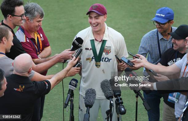 Matthew Renshaw of Queensland talks to media after his team won during day five of the Sheffield Shield final match between Queensland and Tasmania...