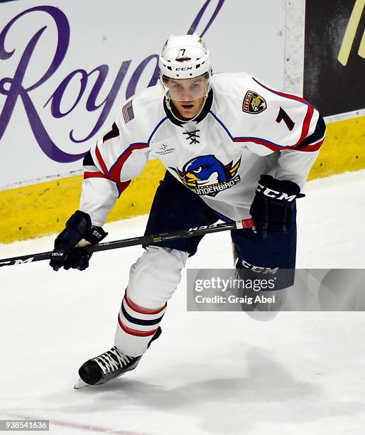 Mark Fayne of the Springfield Thunderbirds skates up ice against the Toronto Marlies during AHL game action on March 25, 2018 at Ricoh Coliseum in...