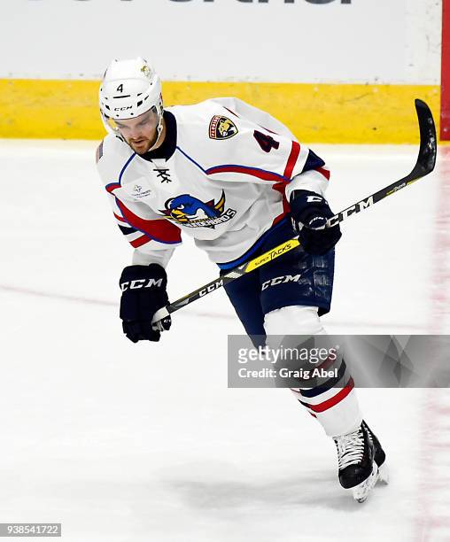 Tim Erixon of the Springfield Thunderbirds turns up ice against the Toronto Marlies during AHL game action on March 25, 2018 at Ricoh Coliseum in...