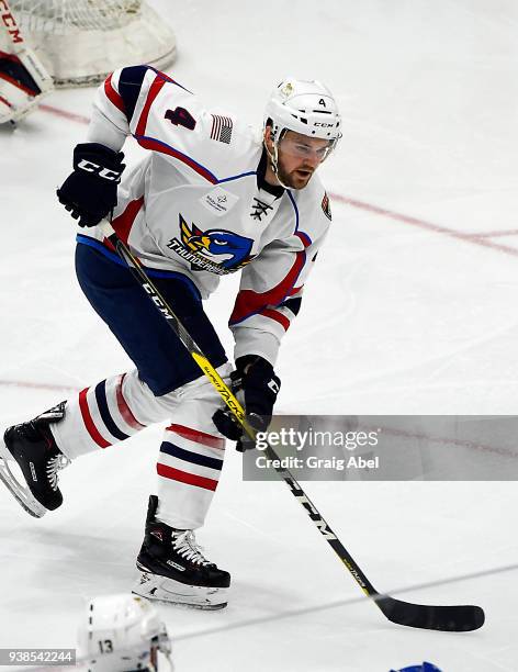 Tim Erixon of the Springfield Thunderbirds skates up ice against the Toronto Marlies during AHL game action on March 25, 2018 at Ricoh Coliseum in...