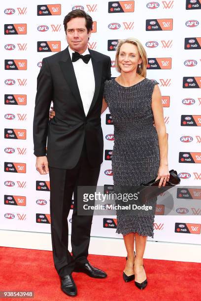 Gillon McLachlan and wife Laura McLachlan pose ahead of the 2018 AFW Awards at The Peninsula on March 27, 2018 in Melbourne, Australia.