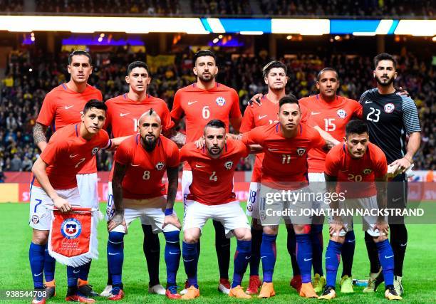 Chile's defender Enzo Roco, Chile's midfielder Pedro Hernandez, Chile's defender Guillermo Maripan, Chile's forward Angelo Sagal, Chile's defender...