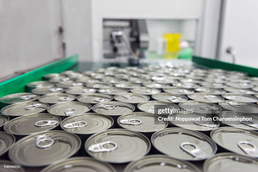 Canned tuna on automatic conveyor belt, Thailand