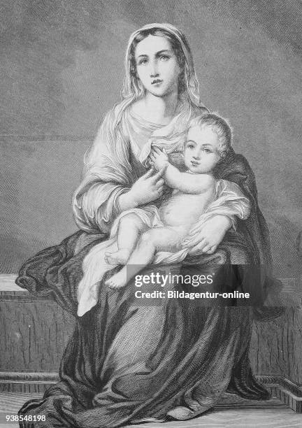 Illustration of a painting of Bartolome Esteban Murillo, Madonna and the child illustration from the 19th century.