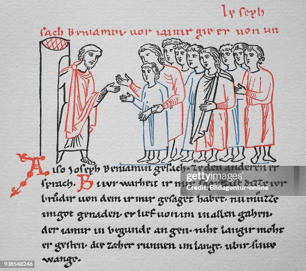 Joseph, before his brethren, who have visited him in Egypt, Leaf 66 b of the Millstaetter Handschrift der Genesis, origin around 1200, historical...