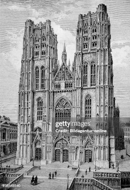 The Cathedral of St. Michael and St. Gudula is a Roman Catholic church in Brussels, Belgium, illustration, woodcut from 1880.