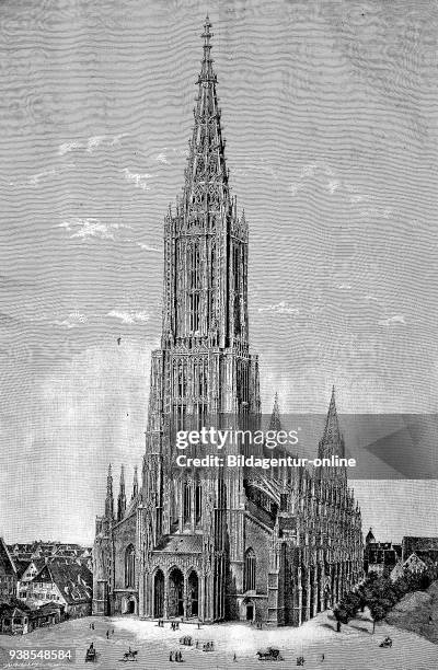 Ulm Minster, Ulmer Muenster, is a Lutheran church located in Ulm, Germany, It is the tallest church in the world, hictorical illustration from 1880.
