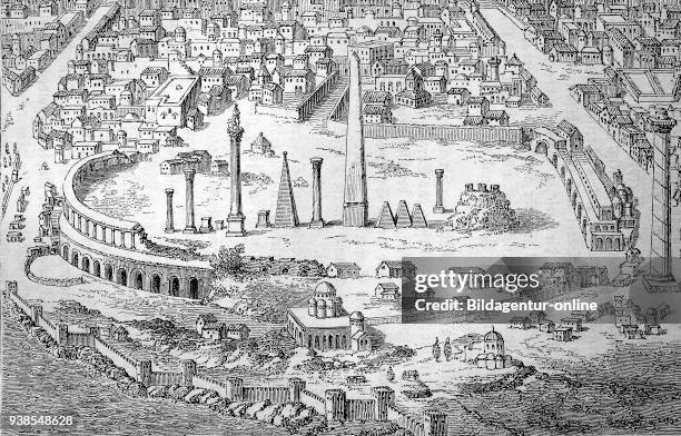 Constantinople, Constantinopolis, was the capital city of the Roman/Byzantine Empire, here the hippodrome, an ancient Grecian stadium for horse...