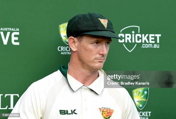 George Bailey of Tasmania is interviewed after his team loses the Sheffield Shield final during day five of the Sheffield Shield final match between...