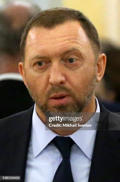 Russian billionaire and businessman Oleg Deripaska attends Russian-Qatari talks on March 26, 2018 at the Kremlin in Moscow, Russia. Emir of Qatar is...