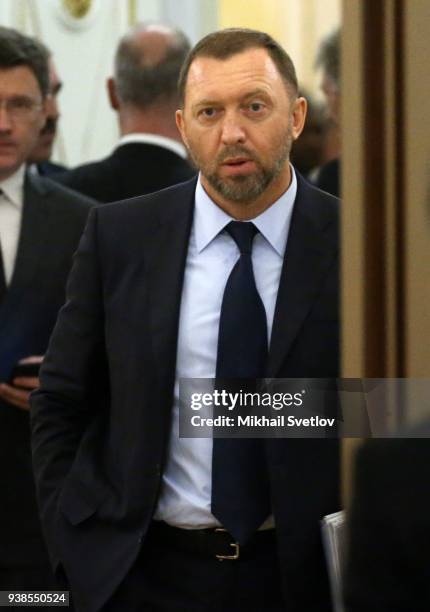 Russian billionaire and businessman Oleg Deripaska attends Russian-Qatari talks on March 26, 2018 at the Kremlin in Moscow, Russia. Emir of Qatar is...