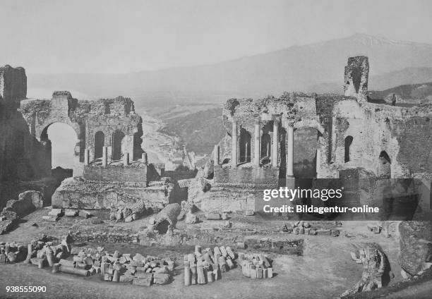 Historical photo of the Teatro Greco, Greek theatre, Taormina, Sicily, Italy, Digital improved reproduction from an original print from 1890.