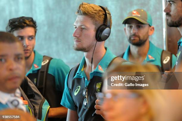 Australian international cricketer, Cameron Bancroft is seen as the Australian Cricket team arrive at Cape Town International Airport on March 27,...