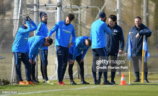 Mitchell Weiser, Karim Rekik, Vedad Ibisevic,Davie Selke, Sinan Kurt, Niklas Stark, fitness coach Henrik Kuchno and coach Pal Dardai of Hertha BSC...