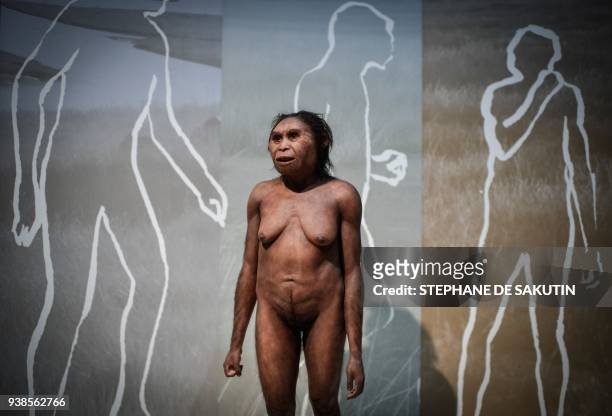 Picture taken on March 26, 2018 shows a thermoforming of a Flores woman displayed for the Neanderthal exhibition at the Musee de l'Homme in Paris. /...