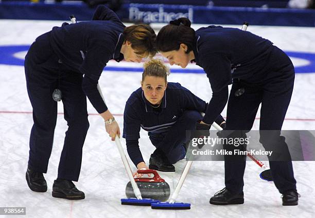 Janice Rankin and Debbie Knox of Greenacres sweep for Fiona MacDonald during the Braehead Scottish Women's Curling Championships held at the Braehead...