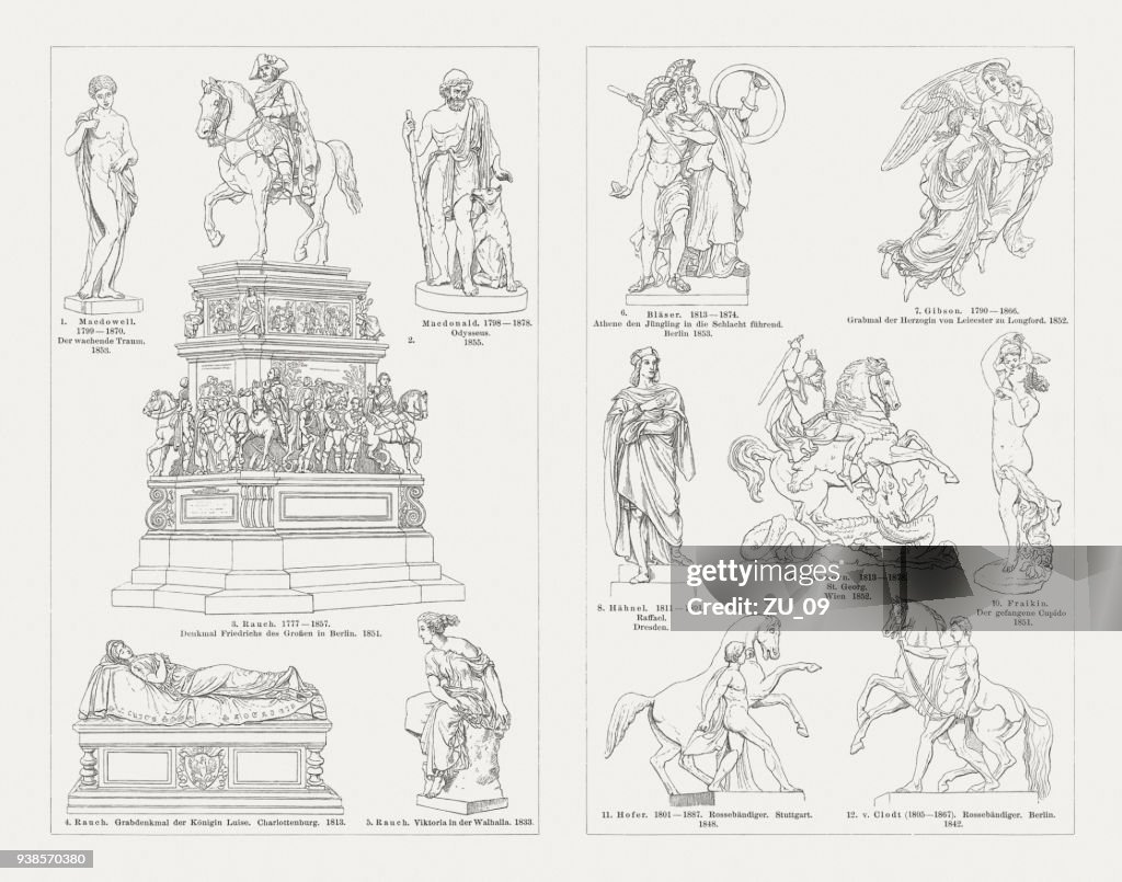 European sculpture art, 19th century, wood engravings, published in 1897