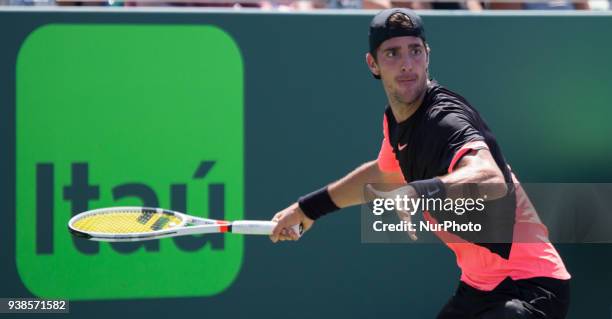 Thanasi Kokkinakis, from Australia, in action against Fernando Verdasco, from Spain, during his third round match at the Miami Open in Key Biscayne...