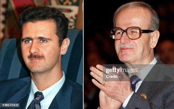 Undated recent combo shows Syrian President Hafez al-Assad and his heir apparent Bashar, who is to be tapped for a key government post after a...