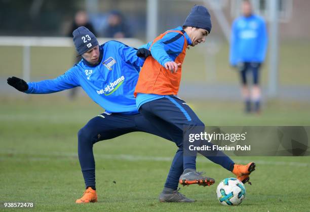 Mitchell Weiser and Maurice Covic of Hertha BSC during training at Schenkendorfplatz on march 27, 2018 in Berlin, Germany.