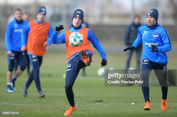 Julius Kade and Mitchell Weiser of Hertha BSC during training at Schenkendorfplatz on march 27, 2018 in Berlin, Germany.