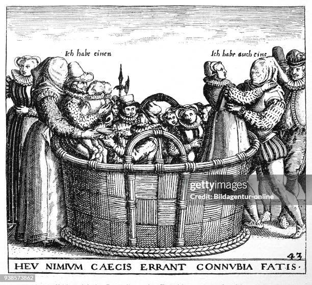 Symbolic-satirical portrayal of the marriage, copper engraving by De Bry, a man and a woman stand by a tub and look for a partner with blindfolded...