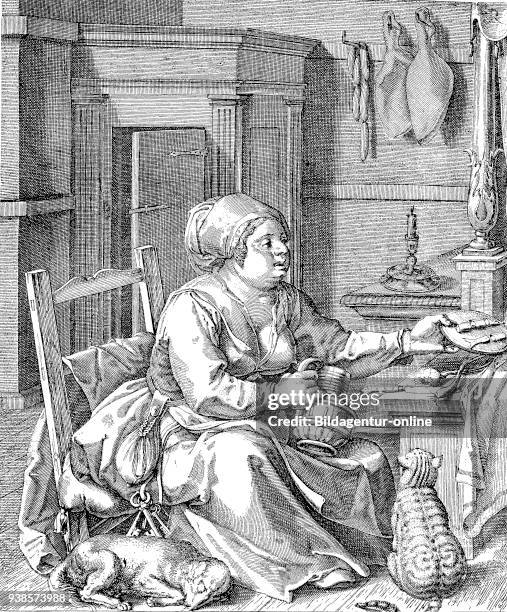 Opulence, fat peasant woman in her room, with dog and cat, engraving after Jodocus Winghe, digital improved reproduction from a publication of the...