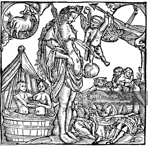 Situation in a Bathing house in the 16. Century, women working as Barber surgeon, Das Bad als Venusdienst, Symbolisches Badebild aus dem 16....