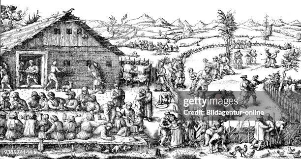 Annual peasant fair, 16. Century. Bauernkirchweih, Kupferstich von Daniel Hopfer, 16. Jahrhundert, digital improved reproduction from a publication...