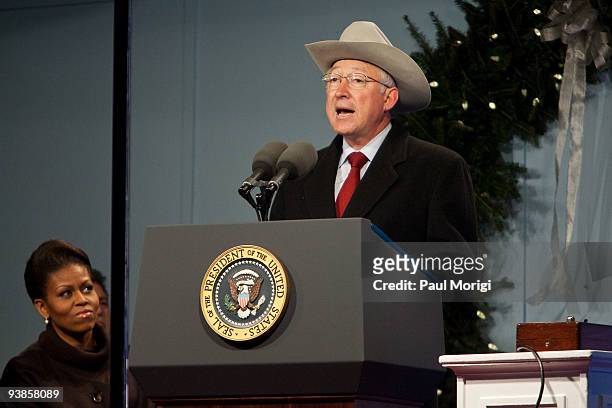 Secretary of the Interior Ken Salazar makes a few remarks at the 2009 National Christmas Tree Lighting Ceremony and the opening ceremonies for the...