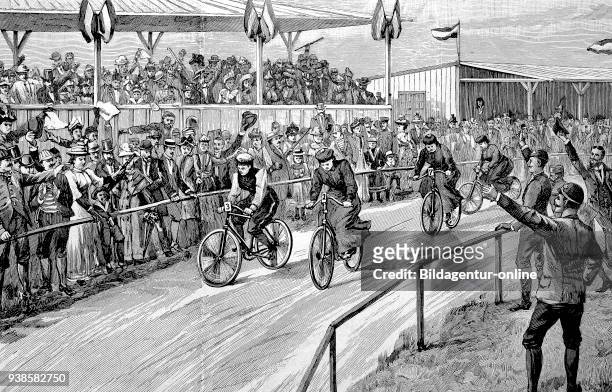 The first women's race on the race track in Halensee near Berlin, Germany, historical image or illustration, published 1890, digital improved.